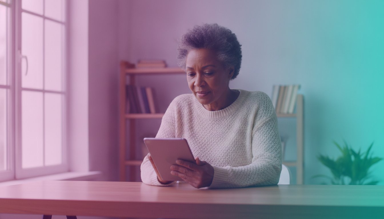 An older woman sits at a table reading a tablet at home